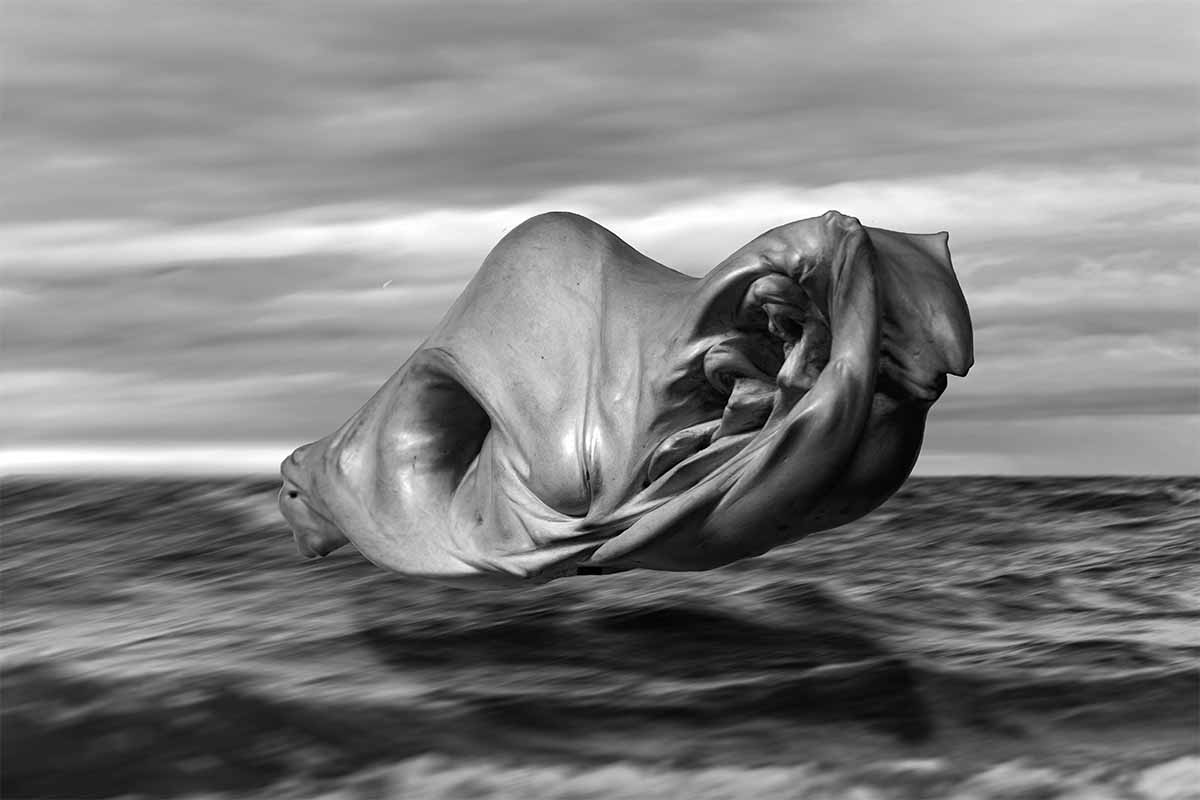 This nft represents the sculpture "Tribute to Galdy" by Natalino Sammartin flying over the see