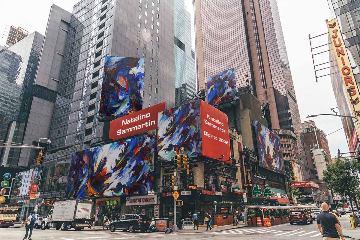 The picture "7th Avenue Billboard" capture an oil painting on canvas of Natalino Sammartin. It rapresents a simulation of billboard on 7th Avenue, New York